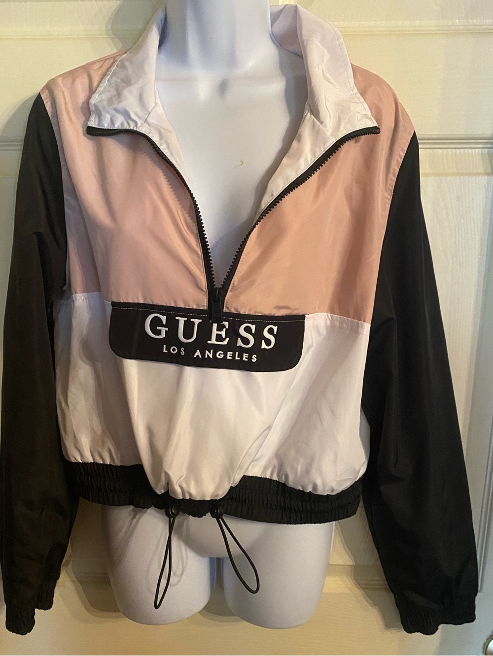 Guess Pink White and Black Colorblock Bomber Jacket